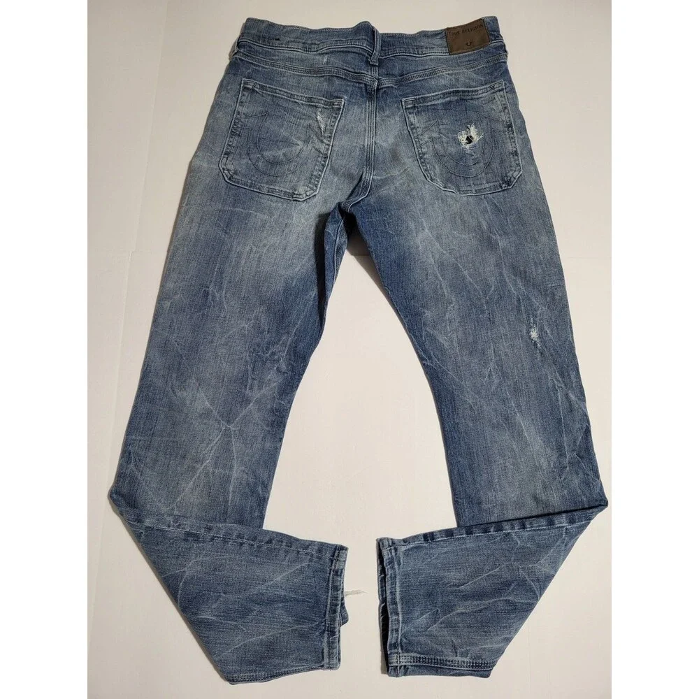 True Religion Double Knee Button Fly Light Blue Jeans Size Men 32x34 Distressed